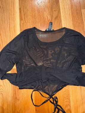 Black Sheer Long-Sleeve Tie-Front Crop Top